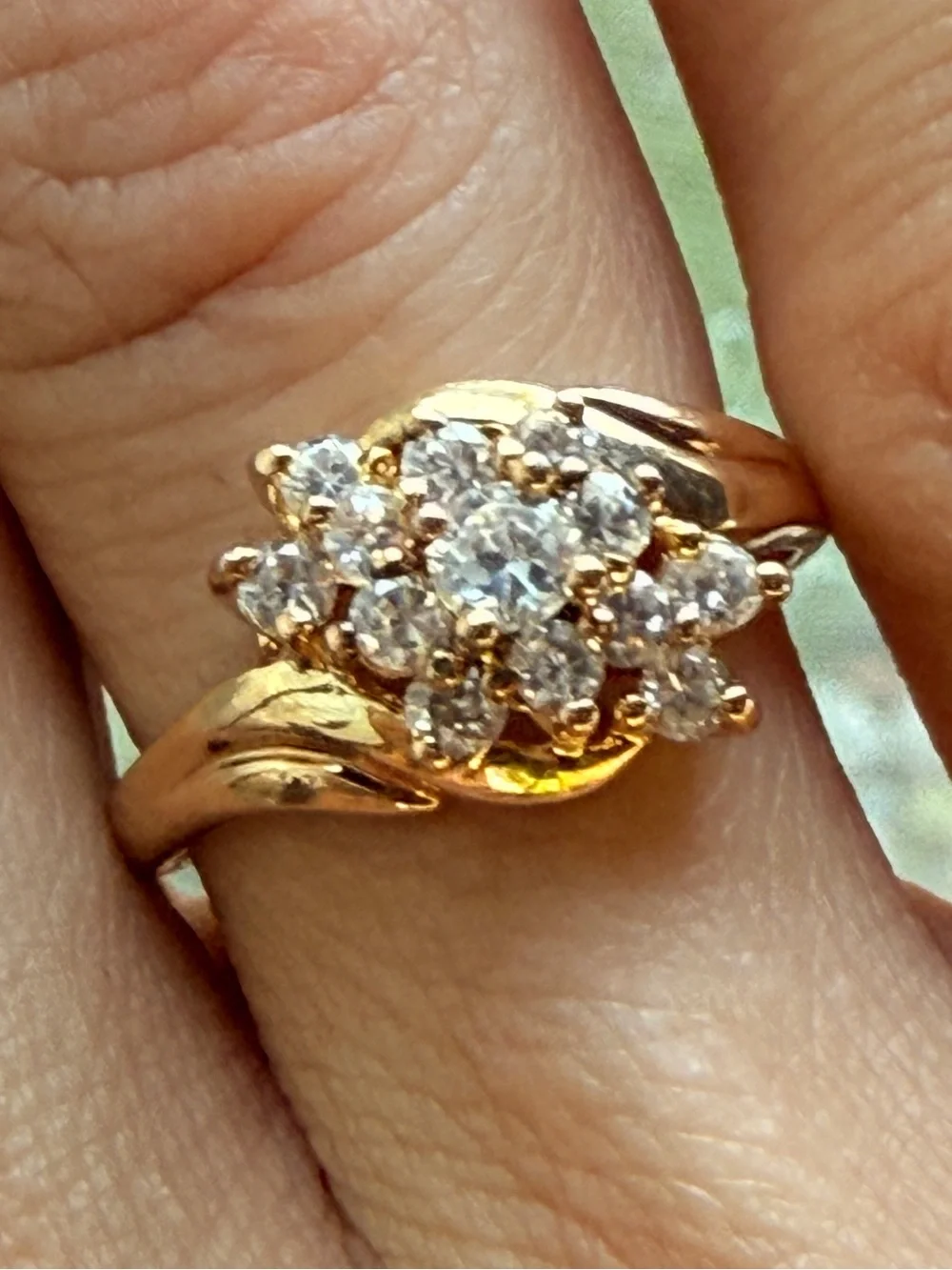 Vintage 925 Gold Vermeil Cubic Zirconia Diamond Cluster Bypass Ring